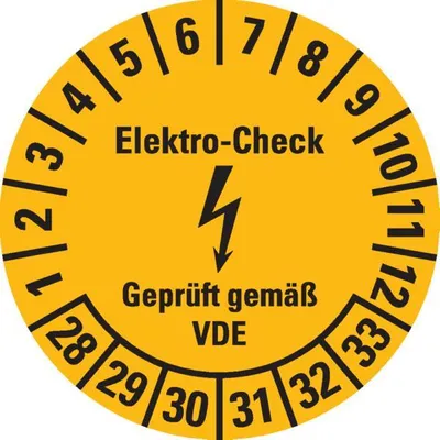 Produktbild von Dreifke® Prüfplakette Elektro-Check, VDE, 28-33, gelb, Dokumentenfolie, Ø 20m...