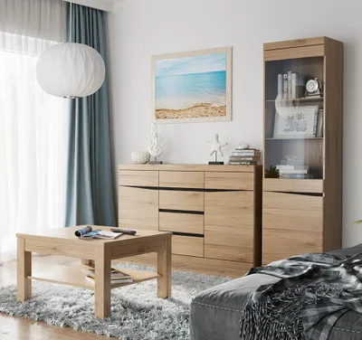Produktbild von Wohnzimmer Set Sideboard, Vitrine mit Beleuchtung, Couchtisch SANFORD-129 in Eiche hell Nb.