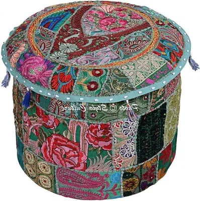 Produktbild von Famanu Ottomanenbezug mit gebordierten Blumen - Dunkelgrün