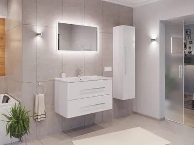 Produktbild von Badmöbel Set Firenze 90 3tlg. LED Spiegel und Hochschrank weiß hochglanz : Weiss hochglanz
