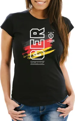 Produktbild von Damen Fan-Shirt Deutschland WM 2018 Fußball Weltmeisterschaft Trikot Flagge T-Shirt Fußball-Shirt Deutschland-Shirt Fan-Trikot Deutschland-Trikot Moonworks® schwarz M