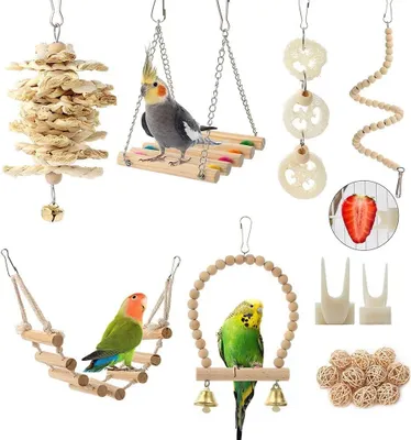 Productafbeelding van Vogel Speelgoed Set 18-delig, Schommel, Ladder, Hammock, Kauwspeelgoed voor Papegaaien