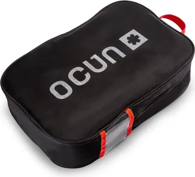Schwarze Mesh-Tasche von Ocun; 10L; mit roten und orangefarbenen Griffen; ideal für Rucksackzubehör.