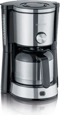 A close-up shot of a coffee maker with a silver and black finish.