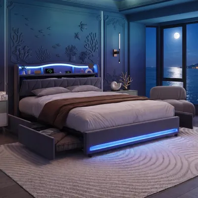 Produktbild von INONEFT Stauraumbett 140x200cm, Bett mit Stauraum, 4 Schubladen, Polsterbett mit LED und USB, Doppelbett Bettgestell mit Lattenrost, Jugendbett, Samt