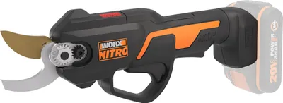 A cordless electric pruning shear with a battery pack attached, shown against a white background.