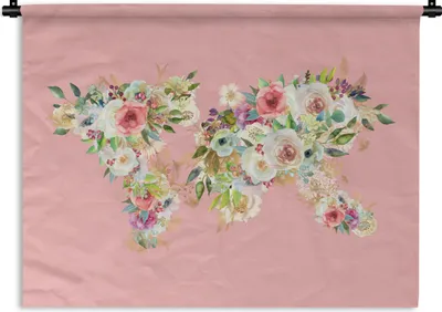 Produktbild von MuchoWow® Wandteppich Wandbehang Weltkarte - Rosen - Rosa 90x67.5 cm Tapisserie Dekoration Wandtuch - Fototeppich - Wand-Skulpturen