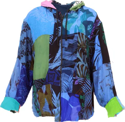 Produktbild von Boho Upcyeling Uni Patchwork Kapuzenjacke, Unikat Jacke - Blau, Damen, Viskose, Größe: S