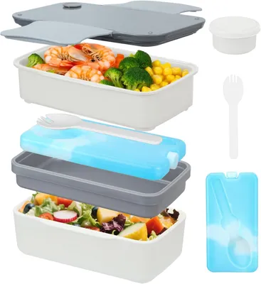 Zdjęcie produktu dla Pudełko na lunch Bento, 4-poziomowe, z akcesoriami, szczelne, białe, pojemność 1500 ml