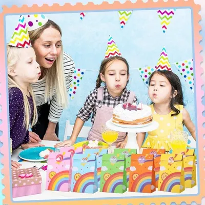 Papierbeutel Regenbogen 50 Stück, Kindergeburtstagsgeschenkbeutel, Süßigkeitenbeutel und Aufkleber.