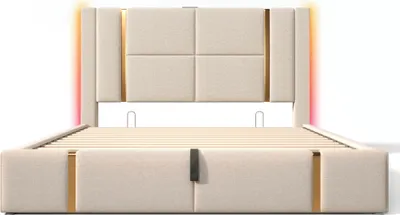 Produktbild von Flieks Hydraulisches Polsterbett 180x200cm mit USB & Typ C, Boxspringbett Stauraumbett mit LED, Doppelbett Jugendbett mit Lattenrost, Leinen, beige