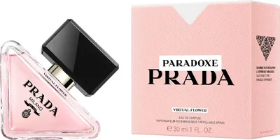 A product shot of a Prada perfume bottle and its packaging.