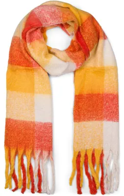 Produktbild von styleBREAKER Damen Web Strickschal mit buntem Karo Muster und langen dicken Fransen, warmer Winter, Stola 01017138