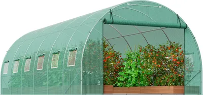 Zdjęcie produktu dla Szklarnia tunelowa SucceBuy, 6,8 x 2,8 x 2,0 m, szklarnia foliowa z ramą ze stali ocynkowanej, zieloną pokrywą PE, drzwiami z zamkiem błyskawicznym i 12 oknami z siatki do użytku na zewnątrz