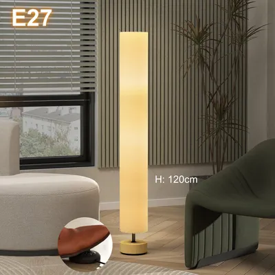 Produktbild von Moderne Stehleuchte mit Leinenschirm & Fußschalter – 120 cm Säulen-Stehlampe 2x E27, | Designer Standleuchte für Wohnzimmer & Schlafzi