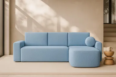 Image de Canapé d'angle MILO bleu avec fonction couchage et coffre de rangement 200x138 cm – Confort, élégance et fonctionnalité