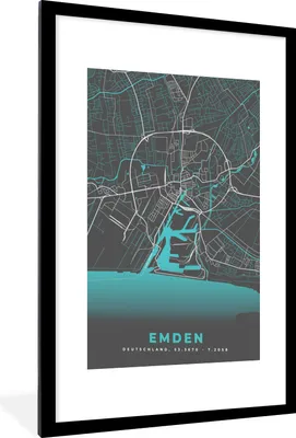 Produktbild von MuchoWow® Gerahmtes Poster Karte - Emden - Blau - Stadtplan - Deutschland 60x90 cm - Poster mit Schwarzem Bilderrahmen Wandposter Rahmen Foto Bilder - Dekoration - Wandposter Wohnzimmer - Hochwertig