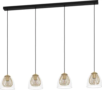 Produktbild von EGLO Hängelampe Jazminia, Pendelleuchte Esstisch, Deckenlampe hängend, Stahl in schwarz, messing, Glas in klar, E27 Fassung, L 135 cm