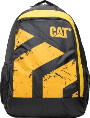 A black and yellow Caterpillar backpack.