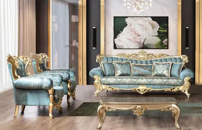 Produktbild von Casa Padrino Luxus Barock Wohnzimmer Set Türkis / Gold - 2 Barock Sofas mit Muster & 2 Barock Sessel mit Muster & 1 Barock Couchtisch - Barock Wohnzimmer Möbel