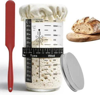 Produktbild von Säurestarter Set – 730 ml Glas – Mit Thermometer und Silikonspatel – Für Brotbacken und Fermentierung – Für Anfänger und Hausgebrauch