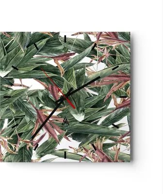 Produktbild von Wanduhr - Quadrat - Glasuhr - Pflanze Blatt Blume - 40x40cm - Schleichendes Uhrwerk - Lautlos - zum Aufhängen bereit - Dekoration Modern - Wanddekoration aus Glas - C3AC40x40-3844