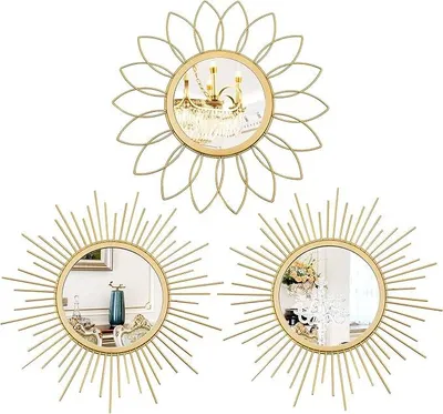 Produktbild von PolkaHome® Set aus 3 goldenen Wandspiegeln aus Metall mit Sonneneffekt, Wanddekoration zum Aufhängen für Wohnzimmer, Schlafzimmer,