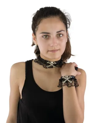 Produktbild von Halloween-Schmuckset mit Schädeln und Spitze Halsband und Armband 2-teilig schwarz-weiss