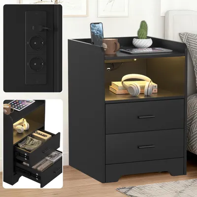 Image de Table de nuit Jayseuw Table de chevet avec éclairage LED, table de nuit avec station de charge Noir (1-St), 2 tiroirs pour chambre à coucher, salon Noir