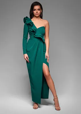 Produktbild von Ombre Abendkleid  asymmetrisch mit Rüschen und Beinschlitz grün XS