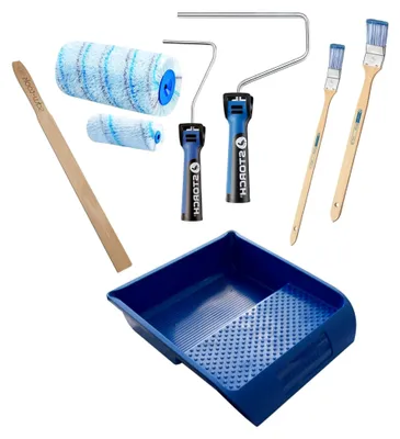 Produktbild von 8-teiliges Malerset inkl. Rührholz – Farbroller Set für Dispersions- und Silikatfarben | Farbwanne, Walze, Bügel | Maler Set für Wände und Decken