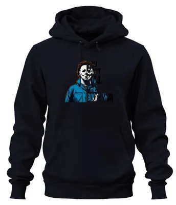 Imagen del producto de Sudadera con capucha retro uni, estilo "Boogeyman" para Halloween, diseño de terror, tipo "slasher", máscara, color azul marino, talla L