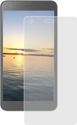 A smartphone screen protector is shown on top of a smartphone displaying a sunset.