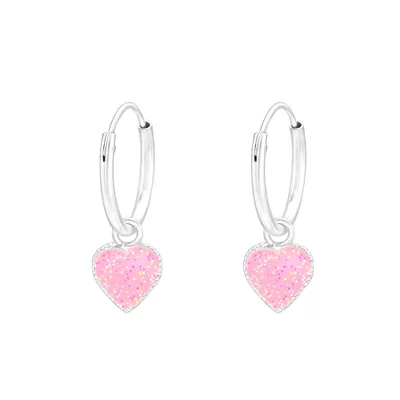 Produktbild von Herz Ohrringe 925 Silber hängend: Kinder Creolen rosa mit Glitzer