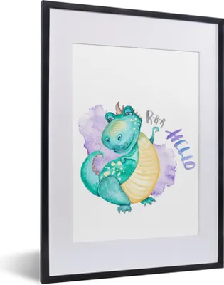 Produktbild von MuchoWow® Gerahmtes Poster Kinderzimmer - Dinosaurier - Weiß - Jungen - Mädchen - Kinder 30x40 cm - Poster mit Schwarzem Bilderrahmen Wandposter Rahmen Foto Bilder - Wandposter Schlafzimmer