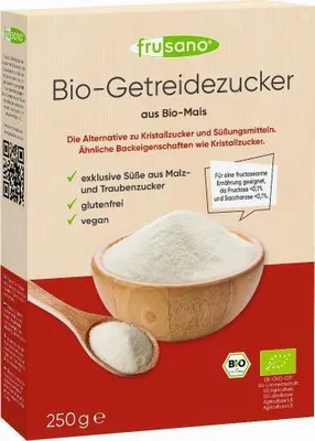 A box of Frusano Bio-Getreidezucker (organic grain sugar) made from organic corn.
