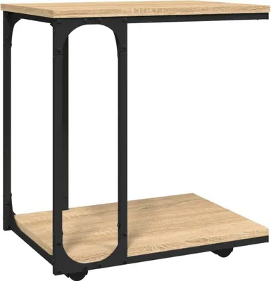 A product shot of a side table with a wooden top and black metal frame.