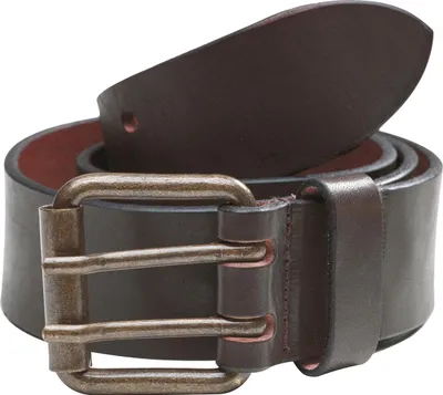 A close-up studio shot of a brown leather belt with a double-prong buckle.