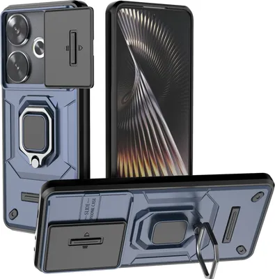 Immagine prodotto di Custodia per Xiaomi Redmi Turbo 3 a doppio strato con protezione scorrevole della fotocamera e supporto ad anello, supporto blu