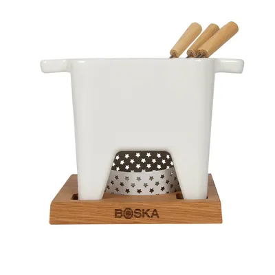Produktbild von Boska Tapas Fondue Bianco L - Käsefondue - Kleines Fondueset - Für Käsefondue & Saucen - Mit Untergestell & Teelicht - Spülmaschinenfest - 600 ml - Für 3 bis 4 Personen