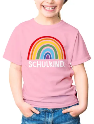 Produktbild von Kinder Mädchen T-Shirt Schulkind Einschulung mit Namen Regenbogen personalisierbar Geschenk Schulanfang Moonworks® rosa 129-140 (9-10 Jahre)