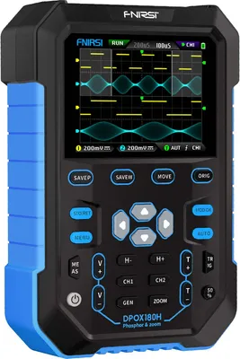 A digital oscilloscope and signal generator is shown against a black background.