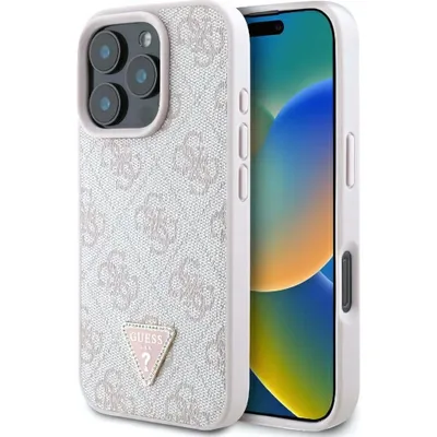 A close-up of an iPhone case with the Guess logo and pattern, placed next to an iPhone.