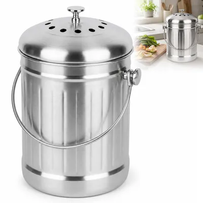 Produktbild von Komposteimer Küche 5L aus Edelstahl, geruchsdichter Küchenkomposteimer mit Aktivkohlefilter, Biomülleimer mit Deckel, für Bioabfäll