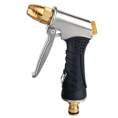 Produktbild von Metall-Hochdruck-Gartenhandbrause mit 3 Funktionen – Spritzdüse mit einstellbarem Wasserdurchfluss, ideale Bewässerungspistole für den Garten
