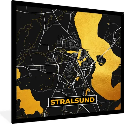 Produktbild von MuchoWow® Gerahmtes Poster Deutschland - Schwarz und Gold - Stralsund - Stadtplan - Karte 40x40 cm - Poster mit Schwarzem Bilderrahmen Wandposter Rahmen Foto Bilder - Mit Rahmen - Wanddekoration Schlafzimmer