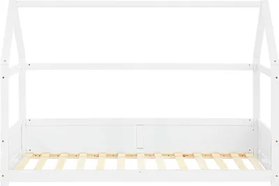 Produktbild von Homestyle4u Kinderbett 90x200 mit Rausfallschutz Hausbett Weiß mit Rausallschutz Bodenbett Montessori Bett mit Lattenrost