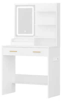 Image de Coiffeuse avec miroir - Coiffeuse - Éclairage LED, 2 prises électriques et 2 ports USB, 2 tiroirs, 4 étagères ouvertes, pour chambre à coucher - Blanc