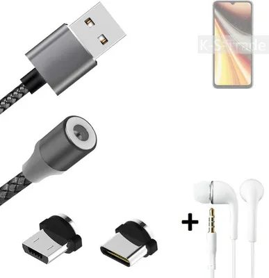 Produktbild von K-S-Trade® Hochwertiges Magnet-Lade-kabel Sync-Kabel Daten-Kabel + Kopfhörer kompatibel mit UMIDIGI Power 7 Max mit USB-Typ-C-Anschluss und