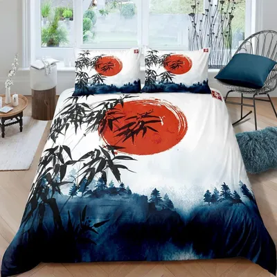 Zdjęcie produktu dla Komplet pościeli 220x240 cm, 3-częściowy, 100% mikrofibra, styl japoński, 3D, motyw słońca i bambusa, zawiera 2 poszewki na poduszki 80x80 cm